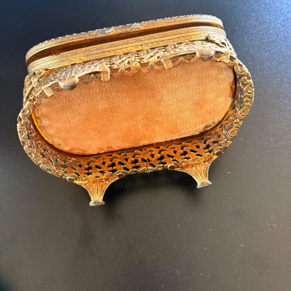 Antique vanity set trinkets case hand mirror‎ brush cup 4 pc amber glass